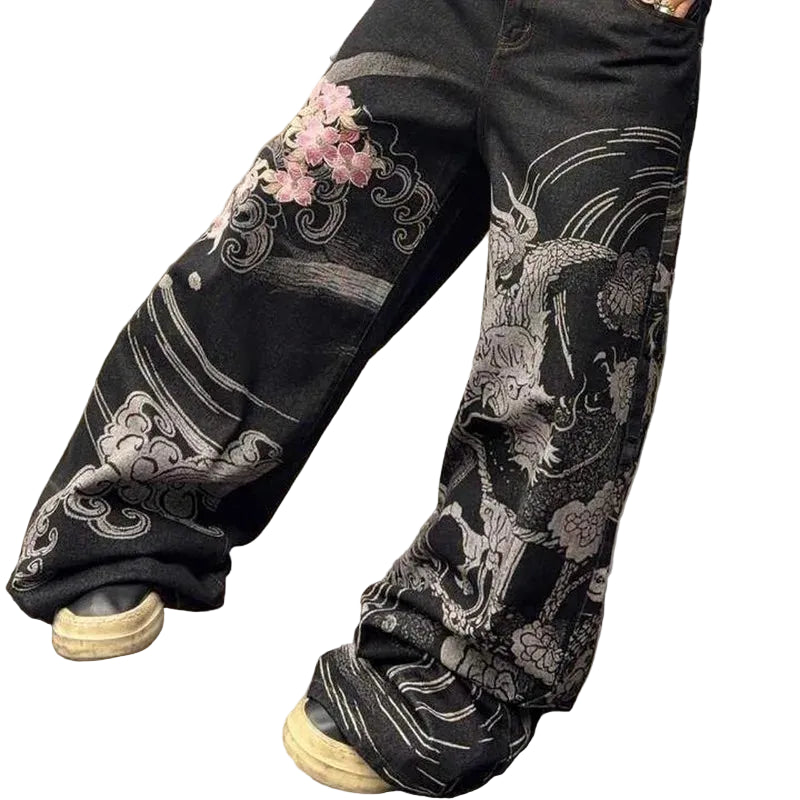 Hip Hop Cherry Blossom Embroidered Baggy Jeans