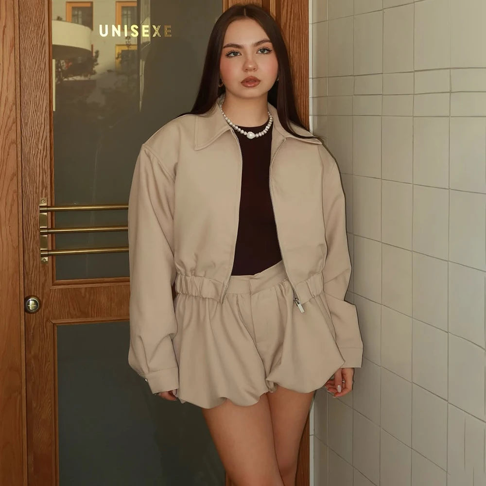 Tuularose Women's 2 Piece Fashion Lapel Zip Jacket Pleated Shorts Suit Vintage Streetwear New Party Autumn Female Short Sets