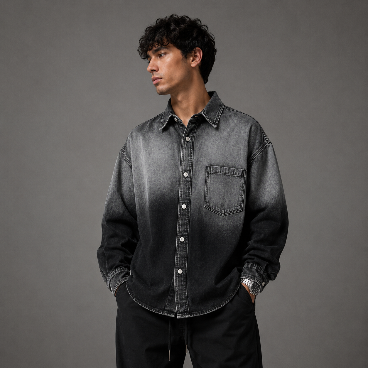 Men's Black Gray Denim Shirt