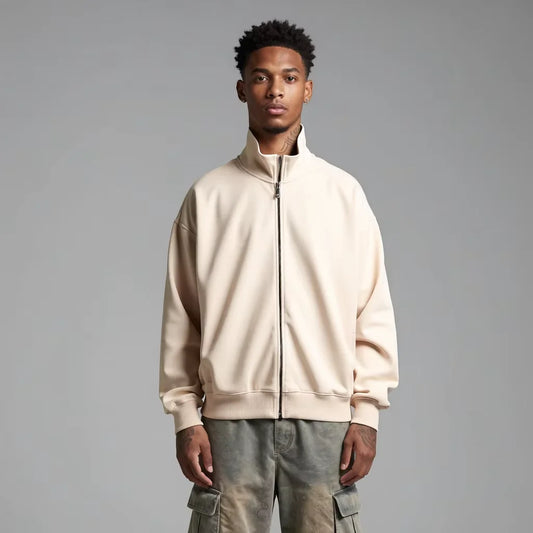 Minimalist Solid Stand Collar French Terry Zip up Loose Casual for Wholesale Men's Hoodies & Sweatshirts Hooded