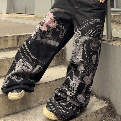Hip Hop Cherry Blossom Embroidered Baggy Jeans