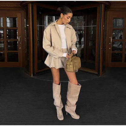 Trendy Women's Shorts Suits Set Beige Lapel Collar Zip Up Long Sleeve Jacket and High Waist Bubble Skorts Casual Coat Streetwear
