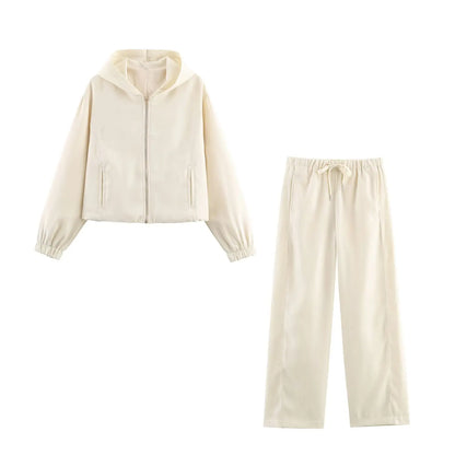 HH Women Fashion Pants Suit Solid Long Sleeves Pocket Hooded Zipper Short Jacket+Casual Loose Drawstring Street Wide Leg Pants