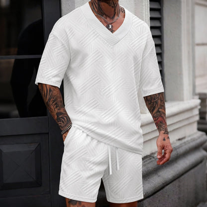 New high-quality men's casual V-neck T-shirt and shorts set - summer two-piece clothing - fashionable attire suitable for men to