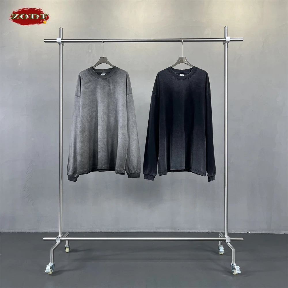 ZODF Retro 2024 Autumn 275gsm Washed Cotton T-Shirt Unisex Oversized Solid Long Sleeve O-Neck T Shirt Brand Tops HY0948