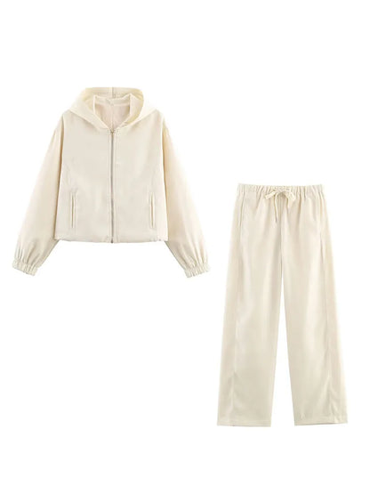 HH Women Fashion Pants Suit Solid Long Sleeves Pocket Hooded Zipper Short Jacket+Casual Loose Drawstring Street Wide Leg Pants