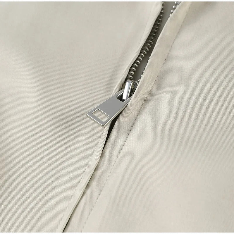 Trendy Women's Shorts Suits Set Beige Lapel Collar Zip Up Long Sleeve Jacket and High Waist Bubble Skorts Casual Coat Streetwear