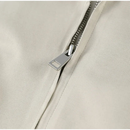 Trendy Women's Shorts Suits Set Beige Lapel Collar Zip Up Long Sleeve Jacket and High Waist Bubble Skorts Casual Coat Streetwear