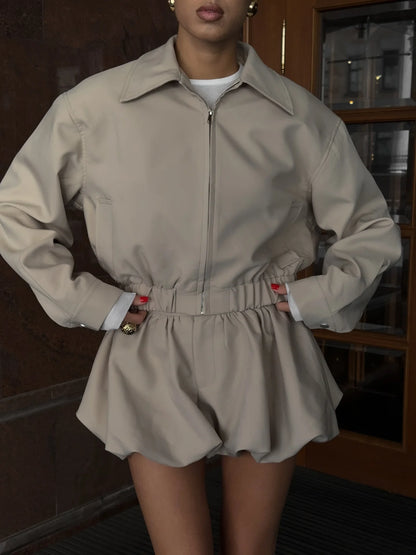 Trendy Women's Shorts Suits Set Beige Lapel Collar Zip Up Long Sleeve Jacket and High Waist Bubble Skorts Casual Coat Streetwear