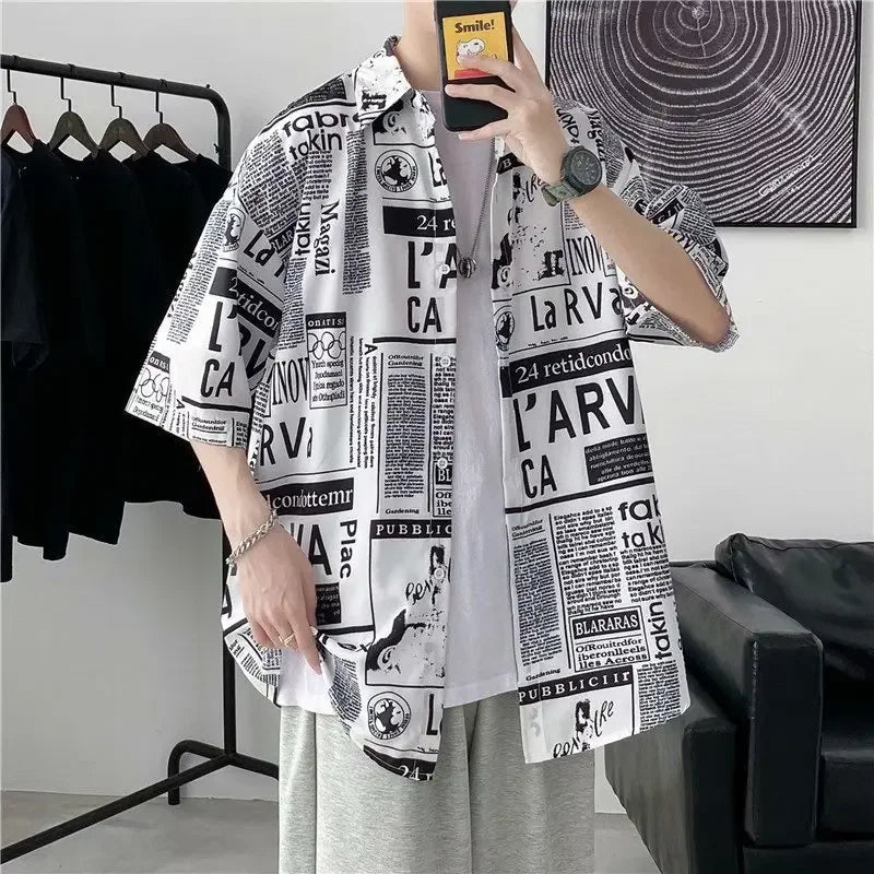 Casual Japanese Style Men's Shirt Summer Thin Short Sleeve Floral Pattern Streetwear Versatile Newspaper Design Five-Quarter Sle