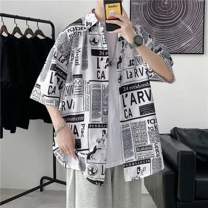 Casual Japanese Style Men's Shirt Summer Thin Short Sleeve Floral Pattern Streetwear Versatile Newspaper Design Five-Quarter Sle
