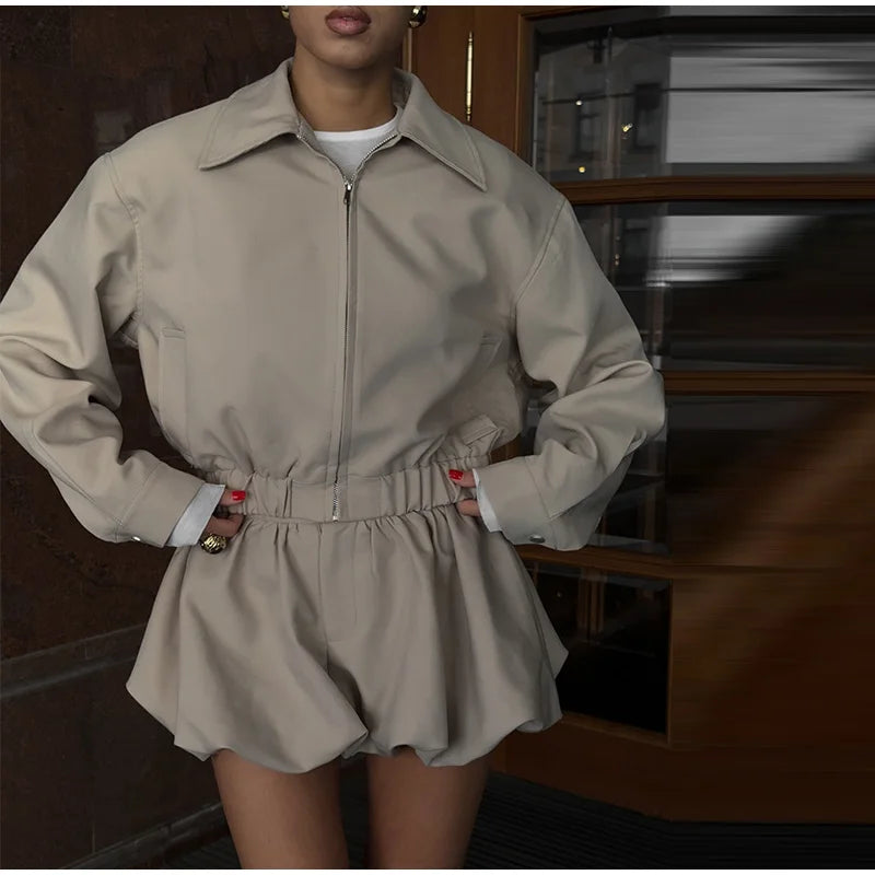 Trendy Women's Shorts Suits Set Beige Lapel Collar Zip Up Long Sleeve Jacket and High Waist Bubble Skorts Casual Coat Streetwear