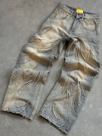2024 American New Fashion Patch Baggy Casual Jeans For Men And Women Y2K High Street Harajuku High Waist Wide Leg Denim Trousers