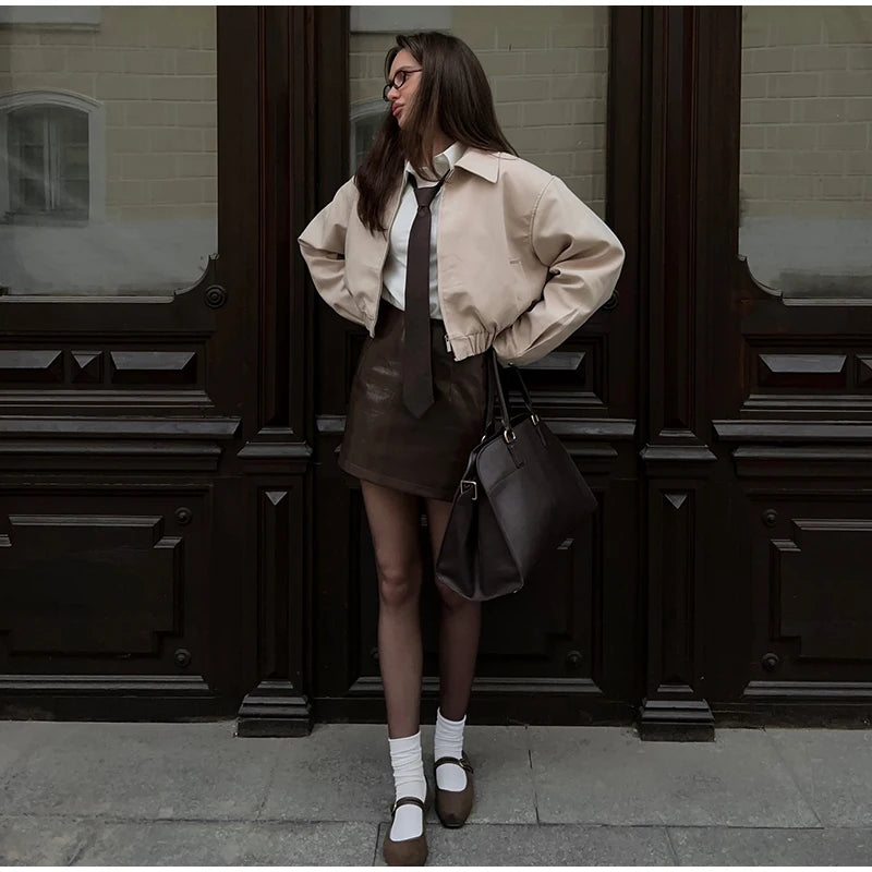 Trendy Women's Shorts Suits Set Beige Lapel Collar Zip Up Long Sleeve Jacket and High Waist Bubble Skorts Casual Coat Streetwear