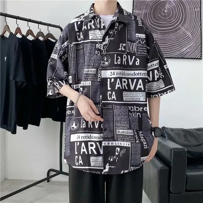 Casual Japanese Style Men's Shirt Summer Thin Short Sleeve Floral Pattern Streetwear Versatile Newspaper Design Five-Quarter Sle