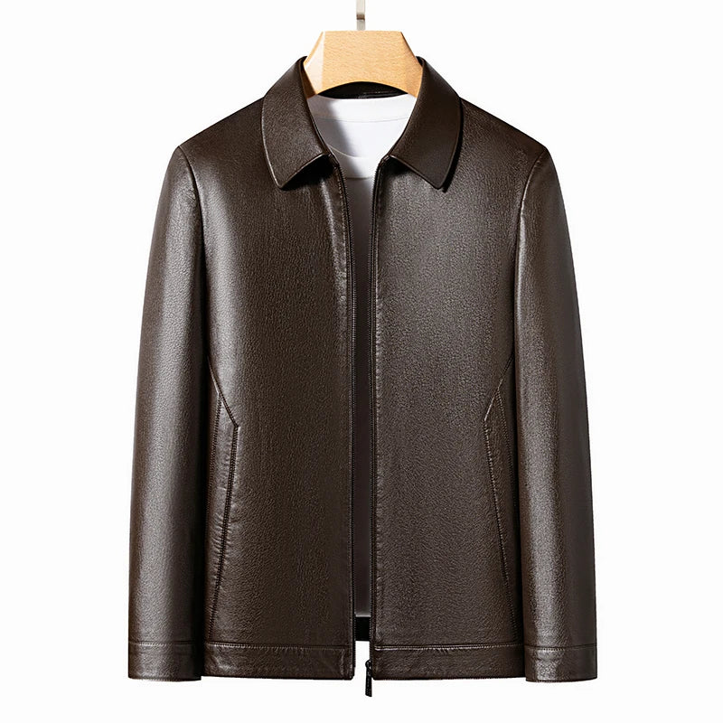 YN-2335 Spring and Autumn Men's Genuine Leather Polo Mock Neck Jacket Fashion Slim Sheepskin Coat Black Grey Husband Gift Youth