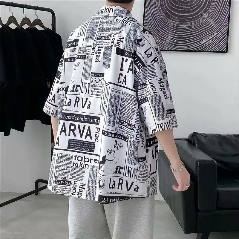 Casual Japanese Style Men's Shirt Summer Thin Short Sleeve Floral Pattern Streetwear Versatile Newspaper Design Five-Quarter Sle