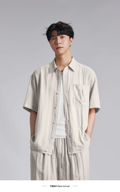 Fashion Men's Lyocell Linen 2-Piece Set 2026 Summer Turn-Down Collar Loose Casual Cool Touch Shirt and Shorts Set