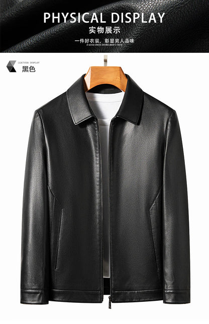 YN-2335 Spring and Autumn Men's Genuine Leather Polo Mock Neck Jacket Fashion Slim Sheepskin Coat Black Grey Husband Gift Youth