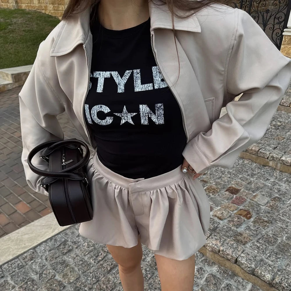 Tuularose Women's 2 Piece Fashion Lapel Zip Jacket Pleated Shorts Suit Vintage Streetwear New Party  Autumn Female Short Sets