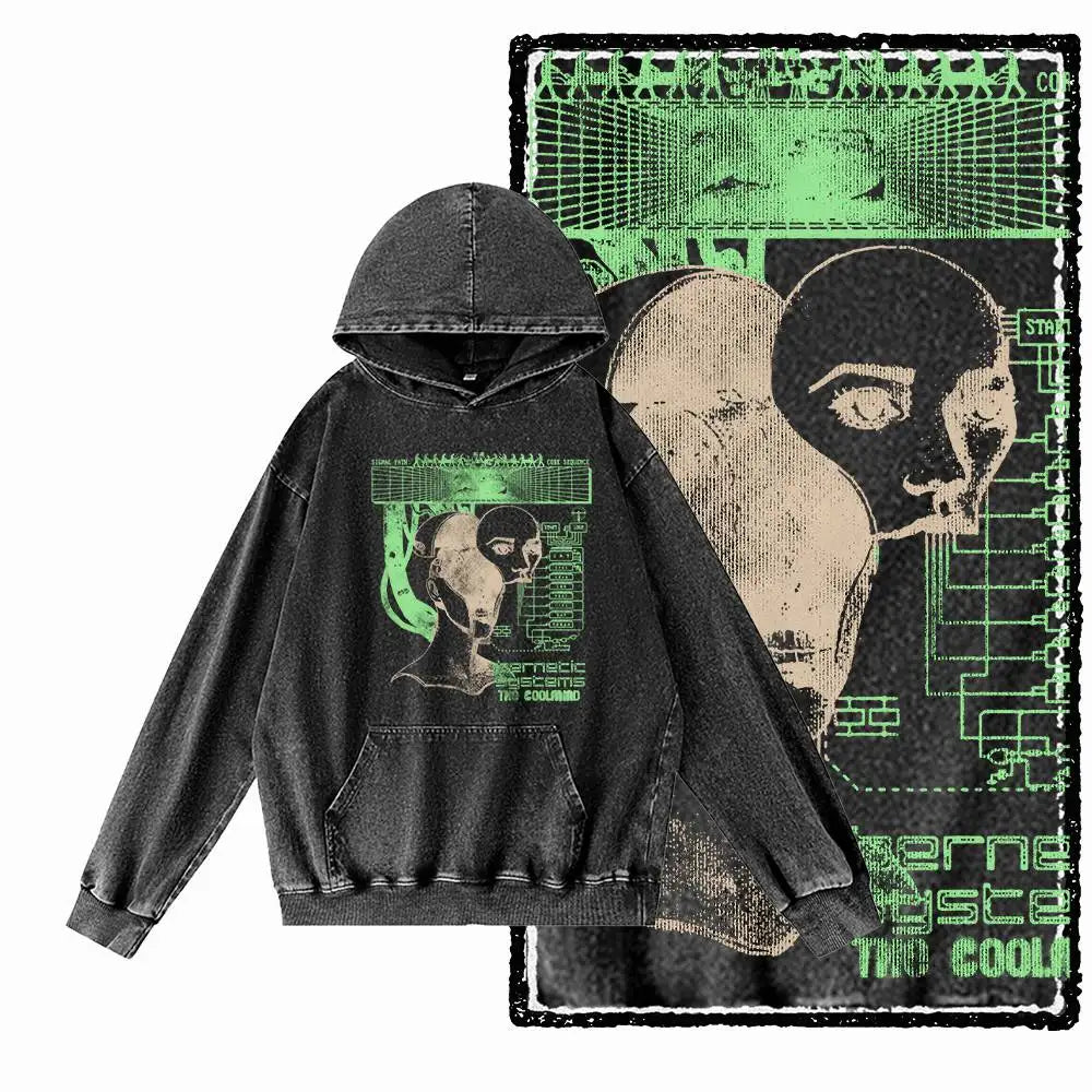 G15 Acid Washed Black Cool 100% Cotton COOLMIND  Printed Men's Hoodies |  Streetwear Big Size O-neck men's Hoodie