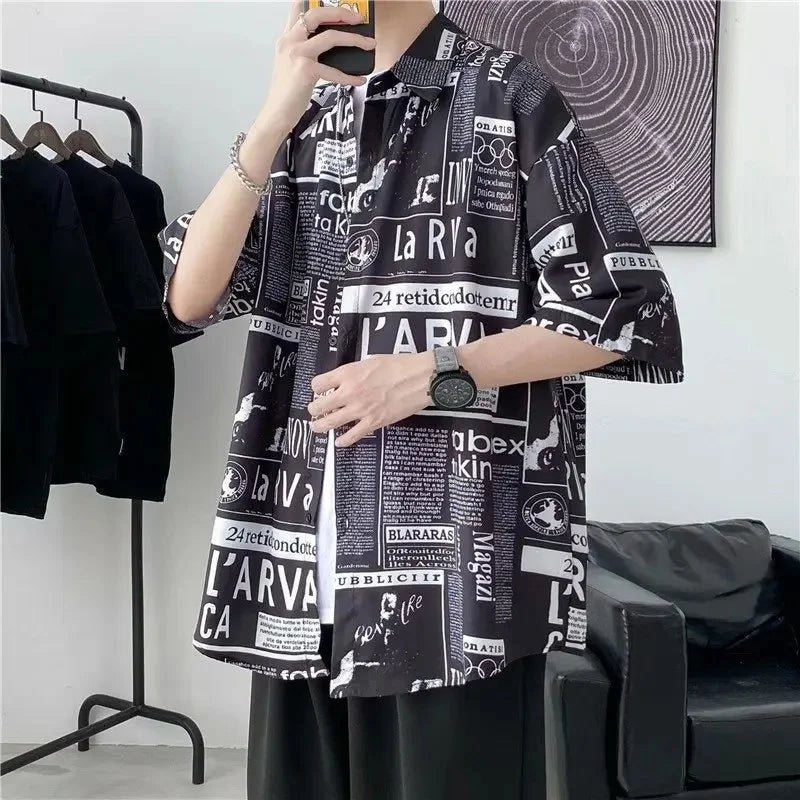 Casual Japanese Style Men's Shirt Summer Thin Short Sleeve Floral Pattern Streetwear Versatile Newspaper Design Five-Quarter Sle
