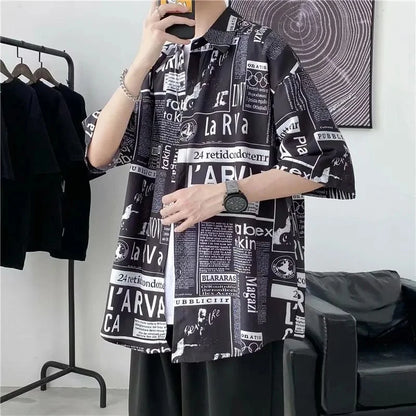 Casual Japanese Style Men's Shirt Summer Thin Short Sleeve Floral Pattern Streetwear Versatile Newspaper Design Five-Quarter Sle