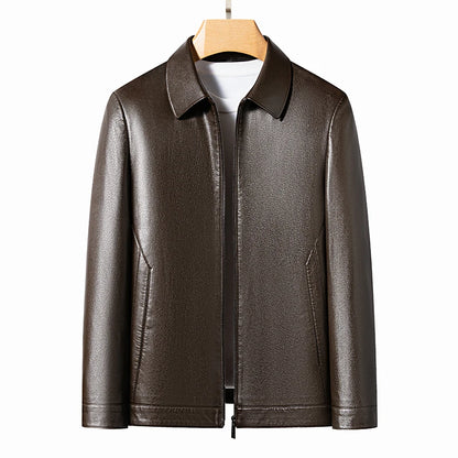 YN-2335 Spring and Autumn Men's Genuine Leather Polo Mock Neck Jacket Fashion Slim Sheepskin Coat Black Grey Husband Gift Youth