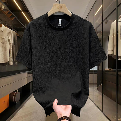 Summer Textured Seersucker Tee For Men Slim Fit Round Neck Short Sleeve Shirt Lightweight Breathable Top Mens Summer T Shirt