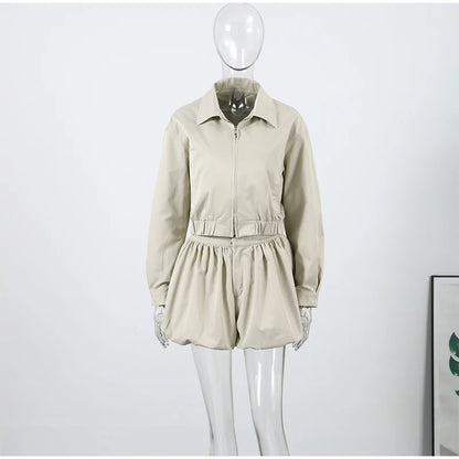 Trendy Women's Shorts Suits Set Beige Lapel Collar Zip Up Long Sleeve Jacket and High Waist Bubble Skorts Casual Coat Streetwear