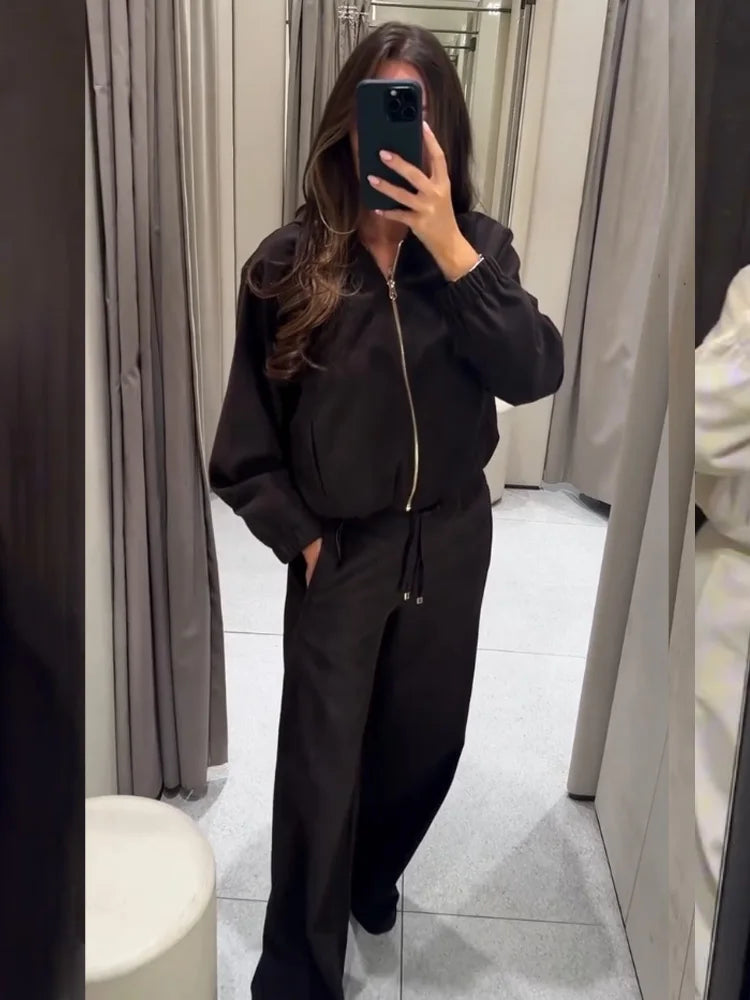 HH Women Fashion Pants Suit Solid Long Sleeves Pocket Hooded Zipper Short Jacket+Casual Loose Drawstring Street Wide Leg Pants
