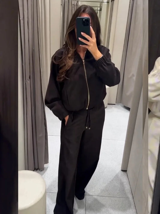 HH Women Fashion Pants Suit Solid Long Sleeves Pocket Hooded Zipper Short Jacket+Casual Loose Drawstring Street Wide Leg Pants
