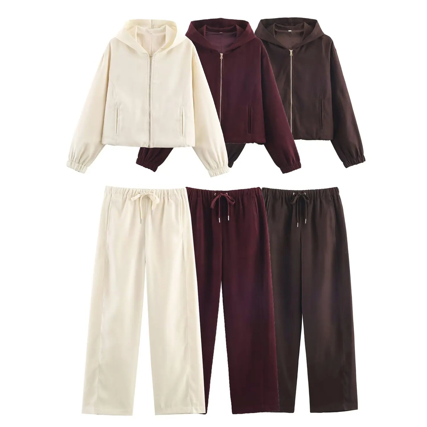 HH Women Fashion Pants Suit Solid Long Sleeves Pocket Hooded Zipper Short Jacket+Casual Loose Drawstring Street Wide Leg Pants