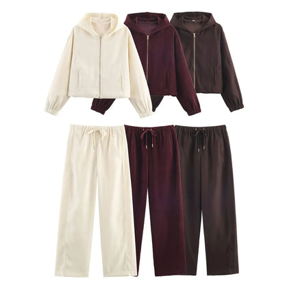 HH Women Fashion Pants Suit Solid Long Sleeves Pocket Hooded Zipper Short Jacket+Casual Loose Drawstring Street Wide Leg Pants
