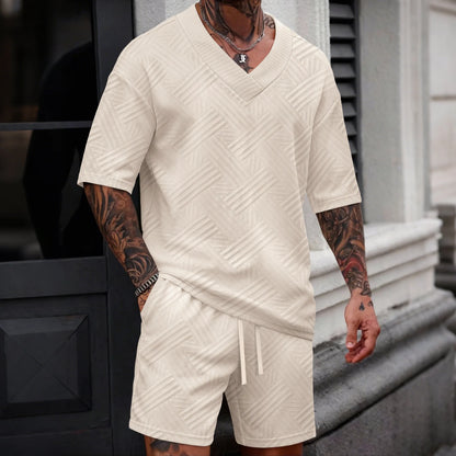New high-quality men's casual V-neck T-shirt and shorts set - summer two-piece clothing - fashionable attire suitable for men to