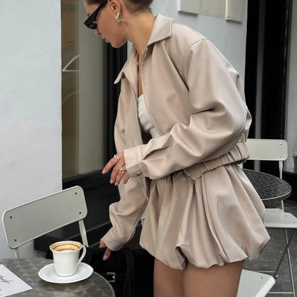 Tuularose Women's 2 Piece Fashion Lapel Zip Jacket Pleated Shorts Suit Vintage Streetwear New Party  Autumn Female Short Sets