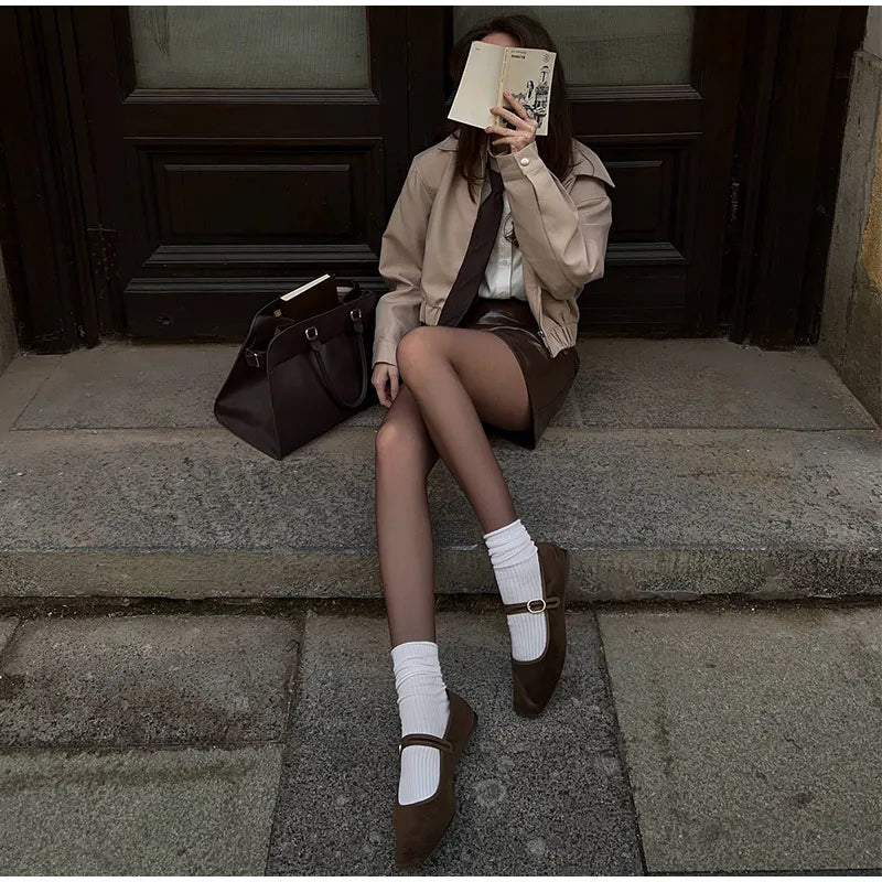 Trendy Women's Shorts Suits Set Beige Lapel Collar Zip Up Long Sleeve Jacket and High Waist Bubble Skorts Casual Coat Streetwear
