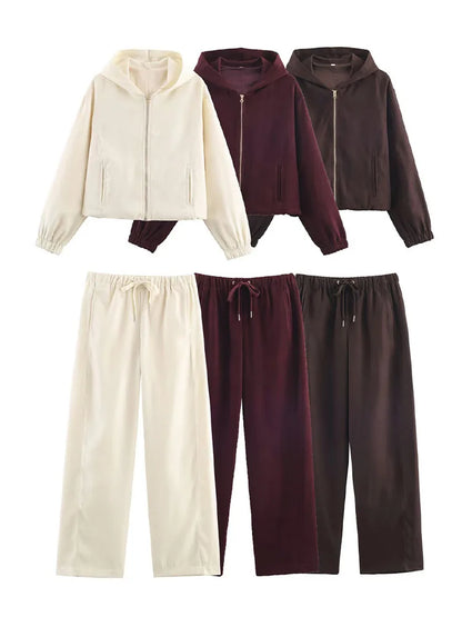 HH Women Fashion Pants Suit Solid Long Sleeves Pocket Hooded Zipper Short Jacket+Casual Loose Drawstring Street Wide Leg Pants