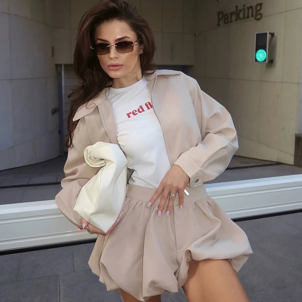 Tuularose Women's 2 Piece Fashion Lapel Zip Jacket Pleated Shorts Suit Vintage Streetwear New Party  Autumn Female Short Sets