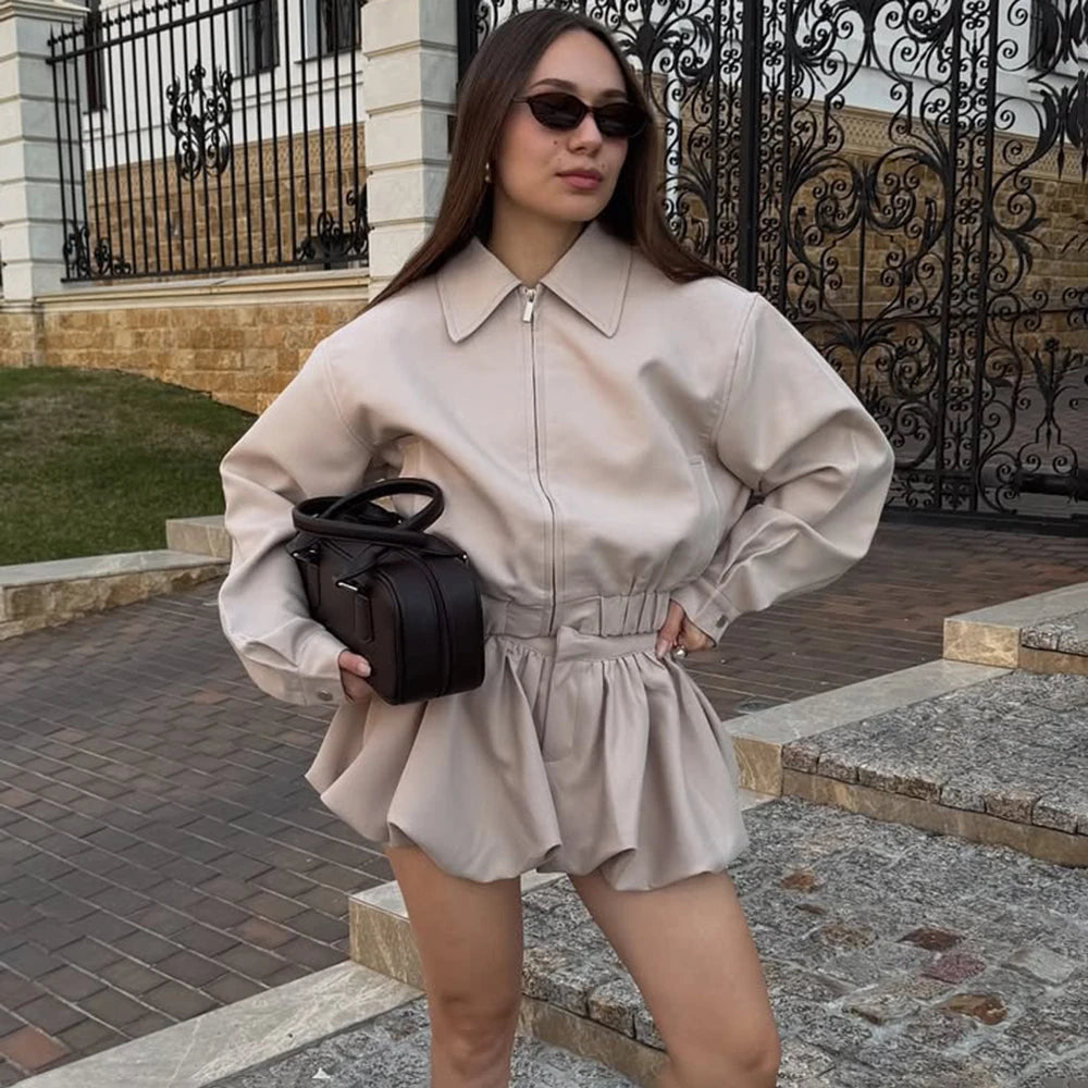 Tuularose Women's 2 Piece Fashion Lapel Zip Jacket Pleated Shorts Suit Vintage Streetwear New Party  Autumn Female Short Sets