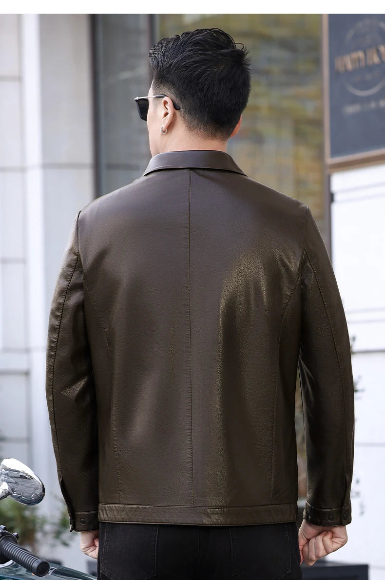 YN-2335 Spring and Autumn Men's Genuine Leather Polo Mock Neck Jacket Fashion Slim Sheepskin Coat Black Grey Husband Gift Youth