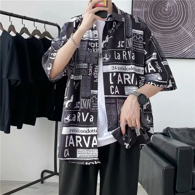 Casual Japanese Style Men's Shirt Summer Thin Short Sleeve Floral Pattern Streetwear Versatile Newspaper Design Five-Quarter Sle