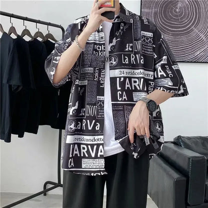 Casual Japanese Style Men's Shirt Summer Thin Short Sleeve Floral Pattern Streetwear Versatile Newspaper Design Five-Quarter Sle