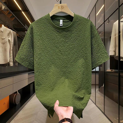 Summer Textured Seersucker Tee For Men Slim Fit Round Neck Short Sleeve Shirt Lightweight Breathable Top Mens Summer T Shirt
