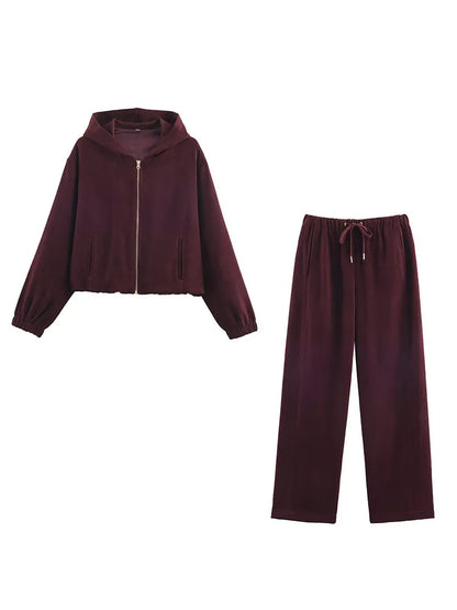 HH Women Fashion Pants Suit Solid Long Sleeves Pocket Hooded Zipper Short Jacket+Casual Loose Drawstring Street Wide Leg Pants