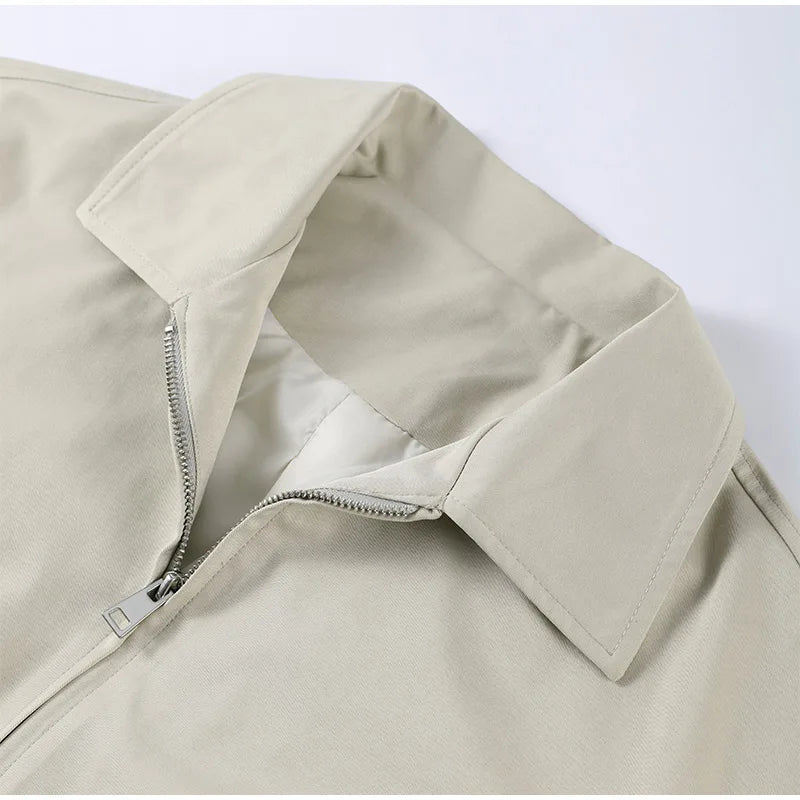 Trendy Women's Shorts Suits Set Beige Lapel Collar Zip Up Long Sleeve Jacket and High Waist Bubble Skorts Casual Coat Streetwear