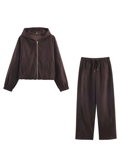 HH Women Fashion Pants Suit Solid Long Sleeves Pocket Hooded Zipper Short Jacket+Casual Loose Drawstring Street Wide Leg Pants