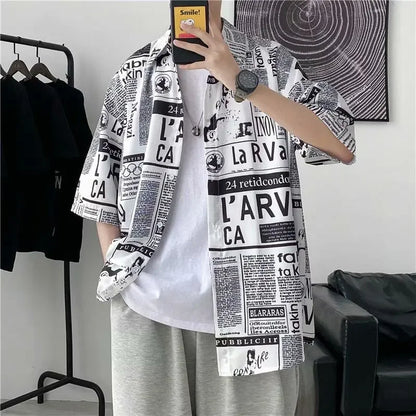 Casual Japanese Style Men's Shirt Summer Thin Short Sleeve Floral Pattern Streetwear Versatile Newspaper Design Five-Quarter Sle