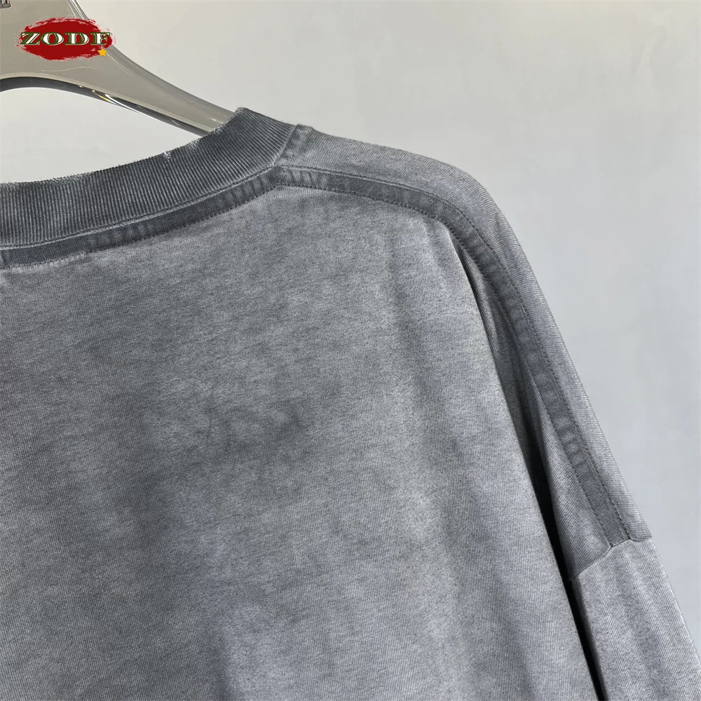 ZODF Retro 2024 Autumn 275gsm Washed Cotton T-Shirt Unisex Oversized Solid Long Sleeve O-Neck T Shirt Brand Tops HY0948