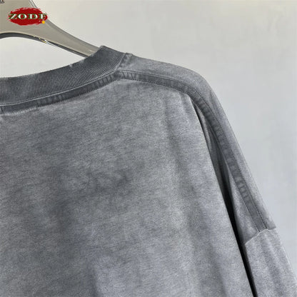ZODF Retro 2024 Autumn 275gsm Washed Cotton T-Shirt Unisex Oversized Solid Long Sleeve O-Neck T Shirt Brand Tops HY0948